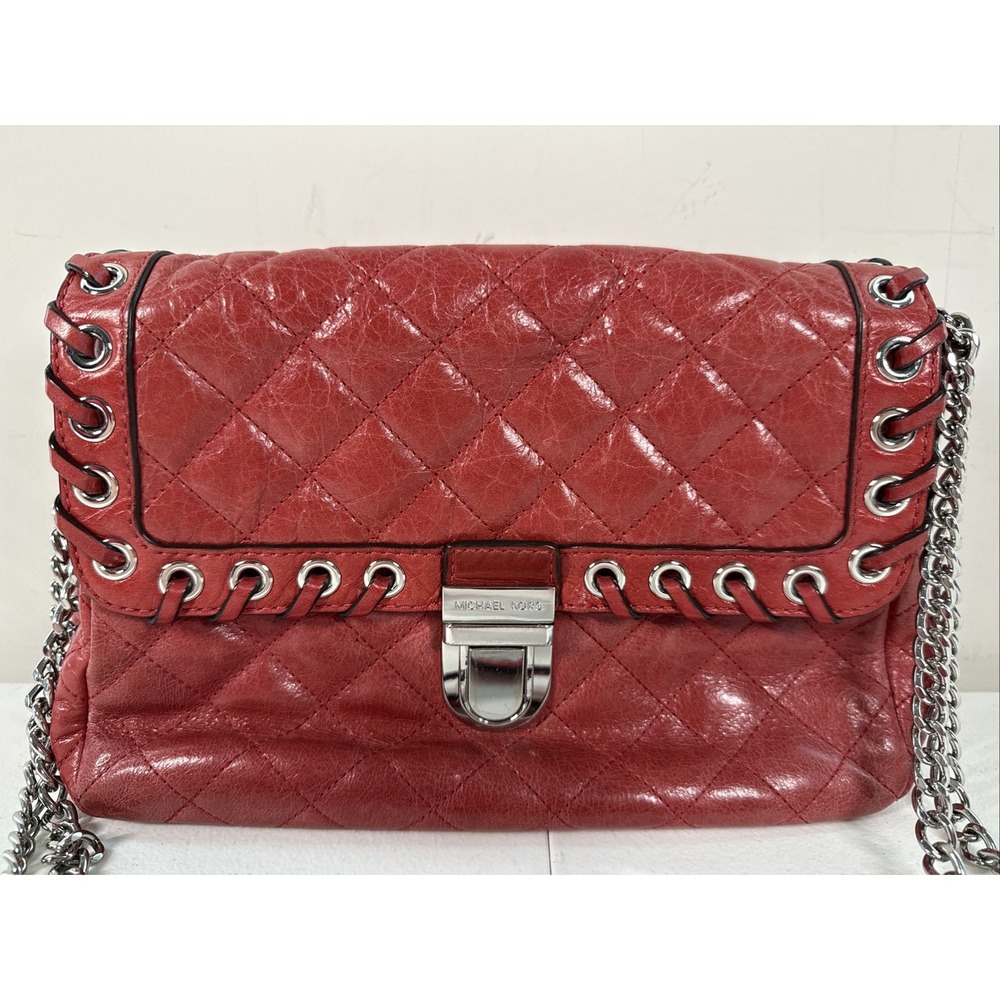 Michael Kors Hippie Grommet Sloan Large Quilted Shoulder Flap Handbag Red Silver - Picture 2 of 11